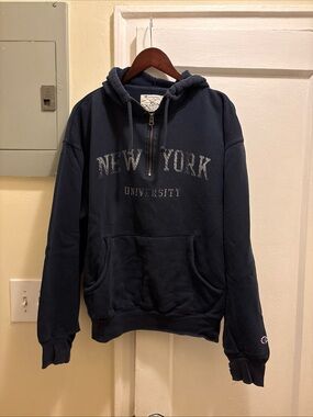 Men’s Champion Navy 'New York University' Half-Zip Hoodie size XL